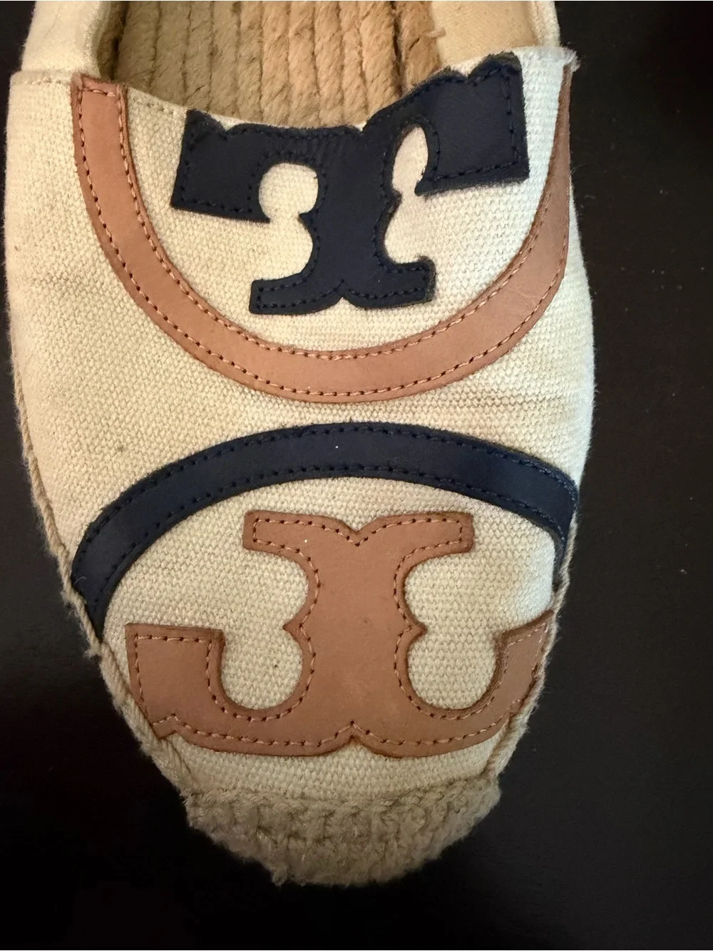 Tory Burch Cream Canvas Espadrilles with Navy & Tan Leather Trim